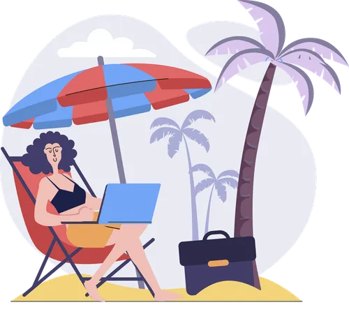 Freelancer feminina trabalhando na praia  Illustration