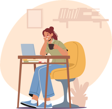 Freelancer de mulher trabalhando no laptop com uma xícara de café  Ilustração