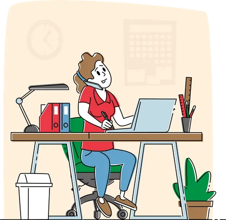 Mulher freelancer trabalhando em um laptop sentada à mesa no local de trabalho falando pelo celular  Ilustração
