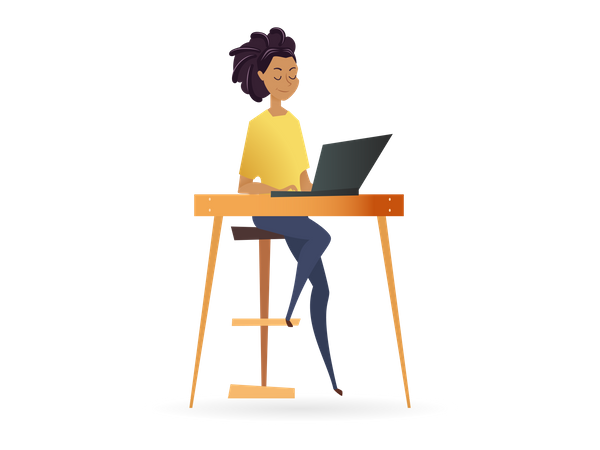 Mulher freelancer trabalhando por computador na mesa  Ilustração