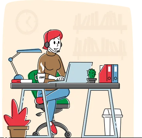Mulher freelancer usando fone de ouvido, sentada em uma poltrona confortável, trabalhando distante no laptop  Ilustração