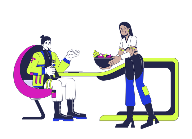 Mulher futurista servindo salada para homem  Ilustração