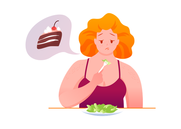 Mulher gorda comendo comida saudável  Ilustração