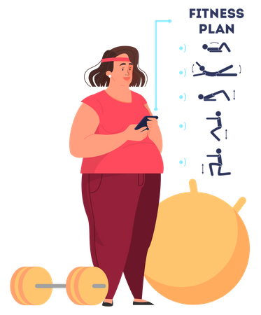 Mulher gorda fazendo um plano de condicionamento físico e treinando para ter uma figura em forma  Ilustração