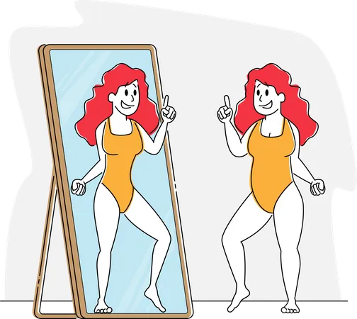 Mulher gorda olhando para o reflexo do espelho admirar-se imaginar magro e em forma  Ilustração