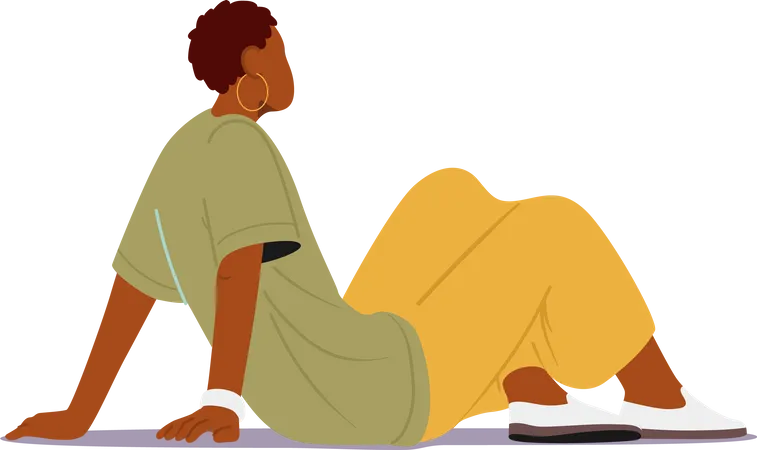 A Personagem Da Mulher Negra Senta Se Graciosamente No Chao Com Uma Postura Relaxada Mas Confiante Com Equilibrio Ela Olha Para Frente Perdida Em Pensamentos Isolada Em Fundo Branco Ilustra O Vetorial De Pessoas Dos Desenhos Animados Ilustração