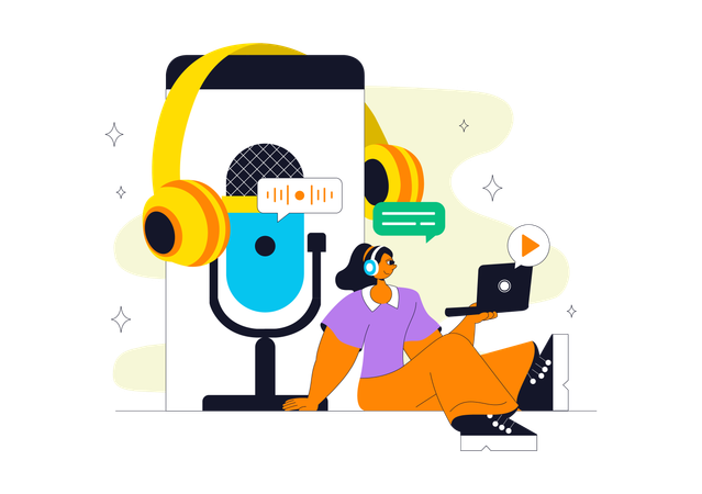 Mulher grava em Podcast Studio  Ilustração