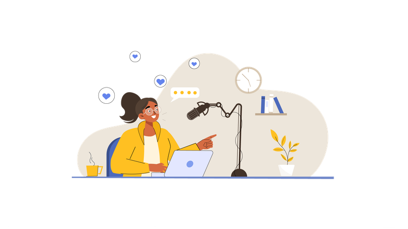 Mulher grava podcast ao vivo em estúdio  Ilustração