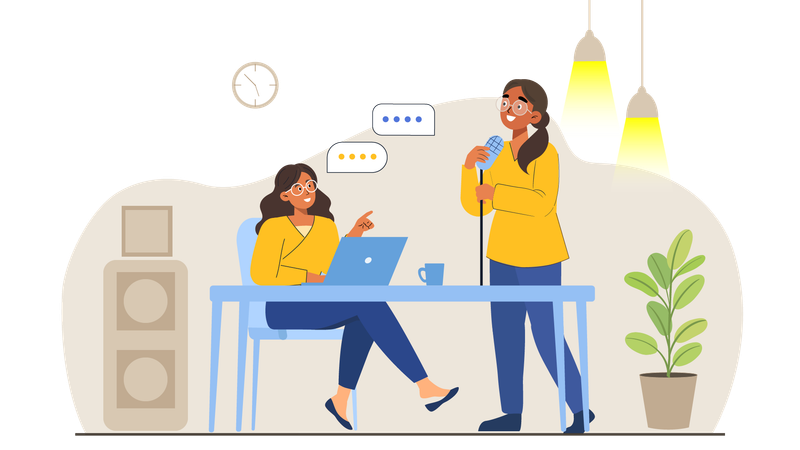Mulher grava podcast de áudio do radio jockey  Ilustração