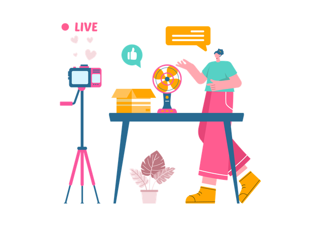 Mulher grava podcast de fã de mesa  Ilustração