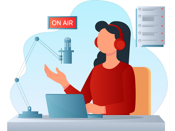 Mulher grava podcast em estúdio  Ilustração