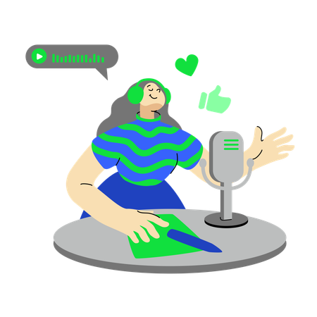 Mulher gravando novo podcast de áudio  Ilustração