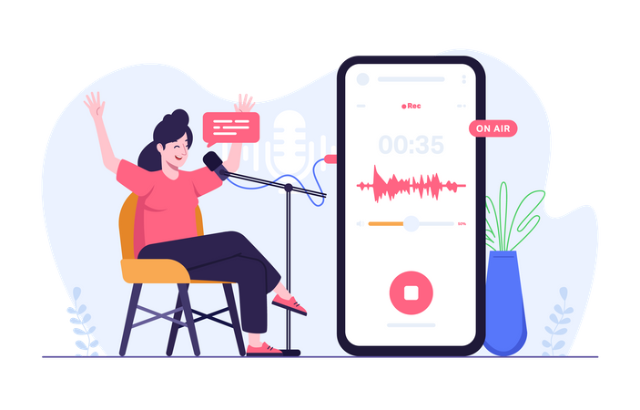Mulher gravando áudio de podcast via celular  Ilustração