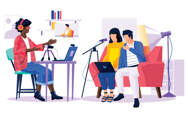 Mulher gravando podcast  Ilustração