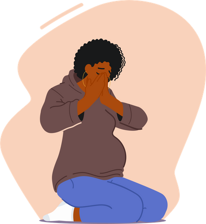Mulher grávida chorando sentada no chão  Ilustração