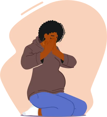 Mulher grávida chorando sentada no chão  Ilustração