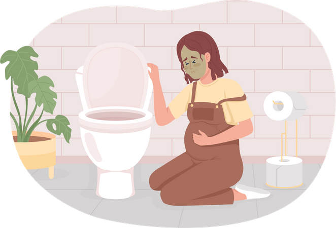 Mulher grávida com náusea no banheiro  Ilustração