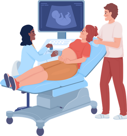 Mulher grávida com parceiro na ultrassonografia  Ilustração