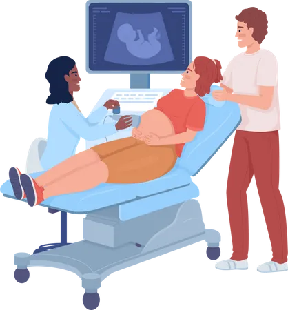 Mulher grávida com parceiro na ultrassonografia  Ilustração