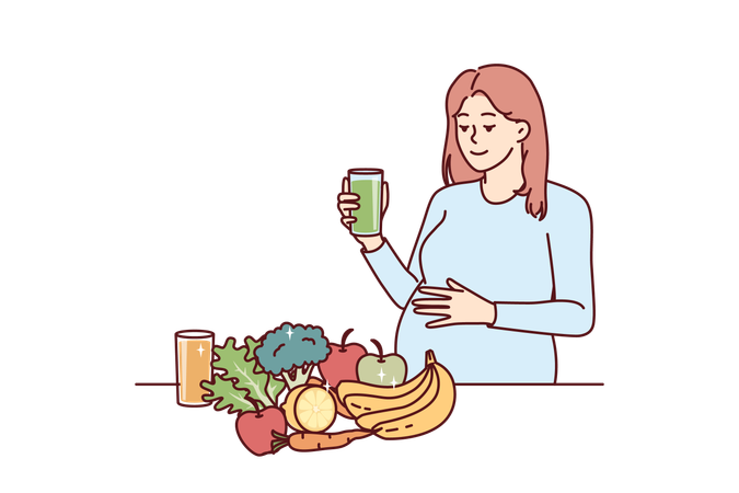 Mulher grávida come comida saudável  Ilustração
