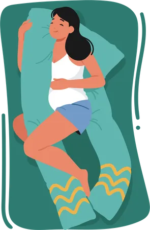 Mulher grávida dormindo com travesseiro especialmente projetado que se adapta ao formato da barriga do bebê para maior conforto  Ilustração
