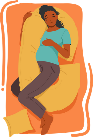 Mulher grávida com sono confortável e tranquilo descansando com almofada especializada para apoiar sua colisão  Ilustração