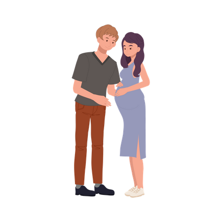 Mulher grávida e marido tocando barriga  Ilustração