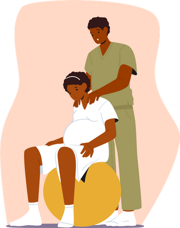 Mulher grávida e seu cônjuge usando bola de ginástica para se preparar para o parto na clínica  Ilustração