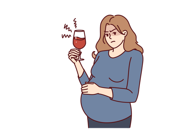 Mulher grávida está bebendo um copo de vinho  Ilustração
