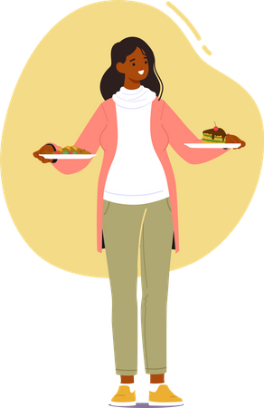 Mulher grávida escolhendo entre refeições saudáveis e não saudáveis em pé na cozinha com dois pratos  Ilustração