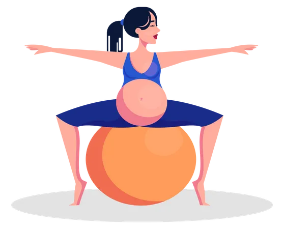 Mulher grávida fazendo exercício com bola de ginástica  Ilustração