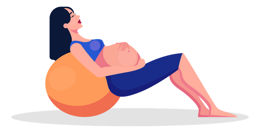 Mulher grávida fazendo ioga com bola  Ilustração