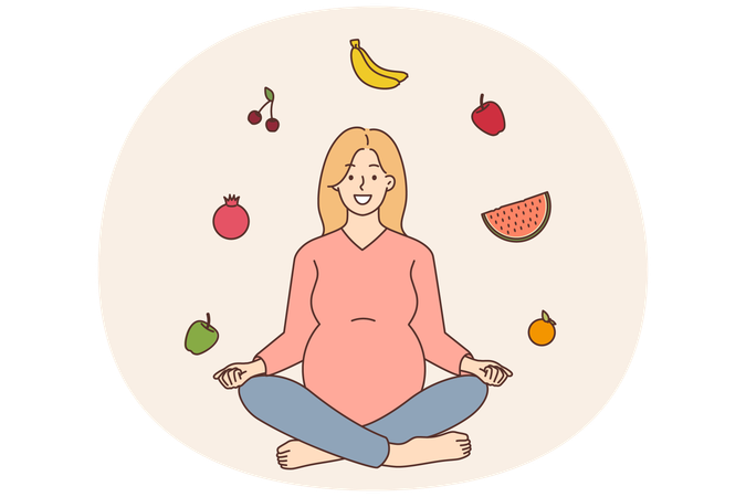 Mulher grávida feliz segue dieta saudável e atividade de ioga  Ilustração