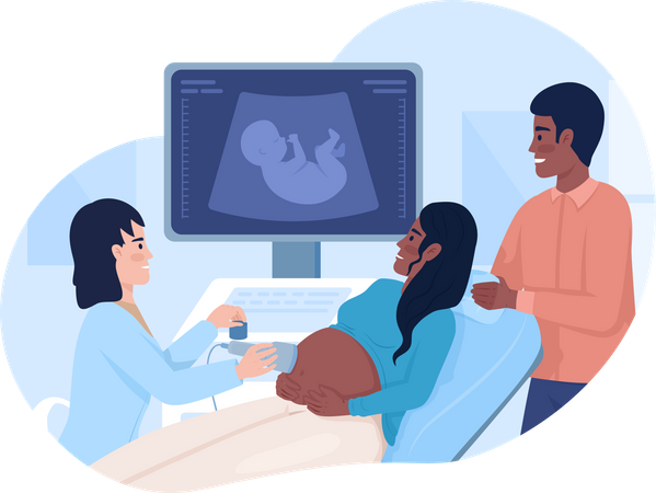 Mulher grávida passando por ultrassonografia com parceiro  Ilustração