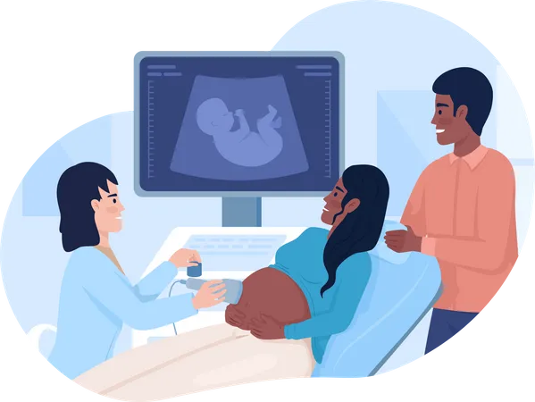 Mulher grávida passando por ultrassonografia com parceiro  Ilustração