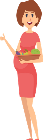 Mulher grávida segurando cesta de legumes  Ilustração