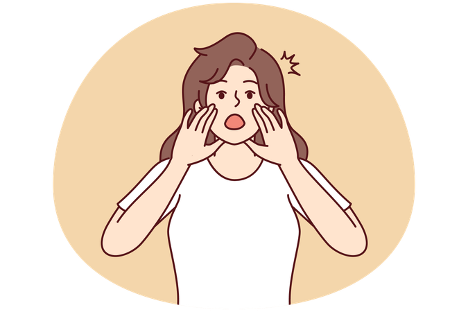 Mulher grita alto usando as palmas das mãos em vez do gramofone para contar notícias importantes  Ilustração