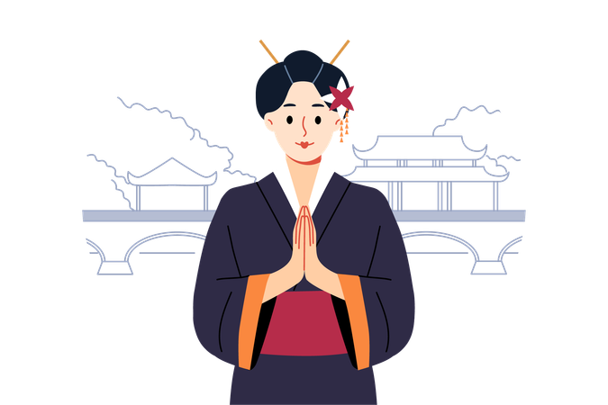 Mulher gueixa em quimono japonês tradicional faz gesto konishua em pé perto do parque  Ilustração