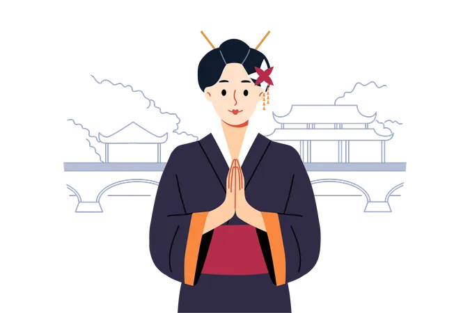 Mulher gueixa em quimono japonês tradicional faz gesto konishua em pé perto do parque  Ilustração