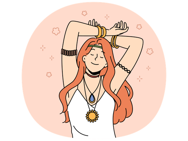 Mulher hippie com amuleto e pulseiras nas mãos fecha os olhos  Ilustração
