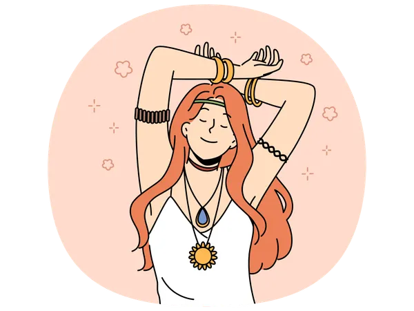 Mulher hippie com amuleto e pulseiras nas mãos fecha os olhos  Ilustração
