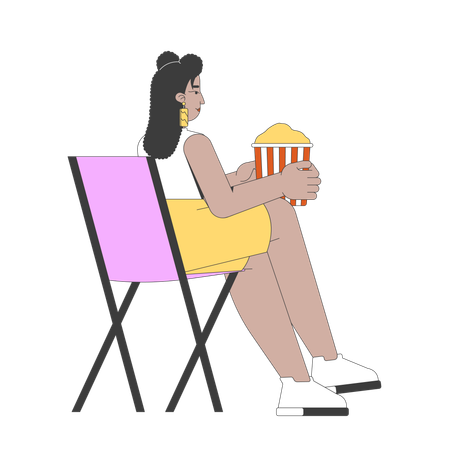Mulher hispânica curvilínea sentada em uma cadeira dobrável comendo pipoca  Ilustração