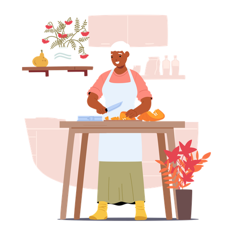 Mulher idosa alegre cortando abóbora na cozinha  Ilustração