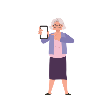 Mulher idosa apontando o dedo para smartphone  Ilustração