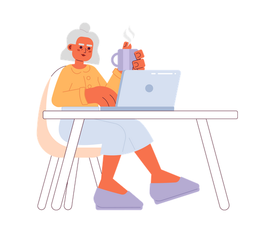 Mulher idosa aposentada digitando laptop  Ilustração