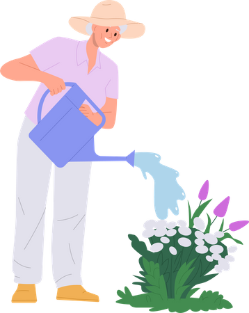 Mulher idosa regando flores com pulverizador de lata fazendo trabalho de jardim  Ilustração