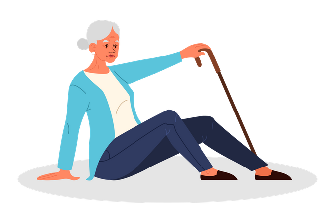 Mulher idosa com bengala caiu  Ilustração