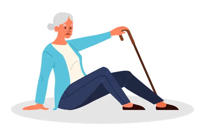 Mulher idosa com bengala caiu  Ilustração