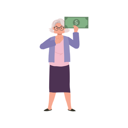 Mulher idosa com nota de muito dinheiro mostrando prosperidade e confiança financeira  Ilustração