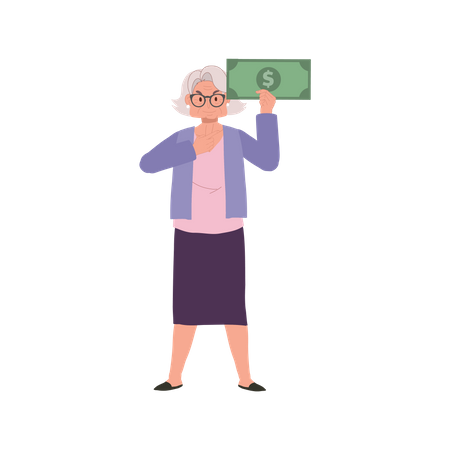 Mulher idosa com nota de muito dinheiro mostrando prosperidade e confiança financeira  Ilustração